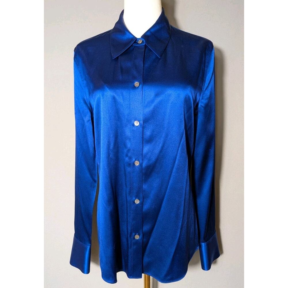 Theory Royal Cobalt Blue Sil Button Front Blouse Size L Officecore Work Classic